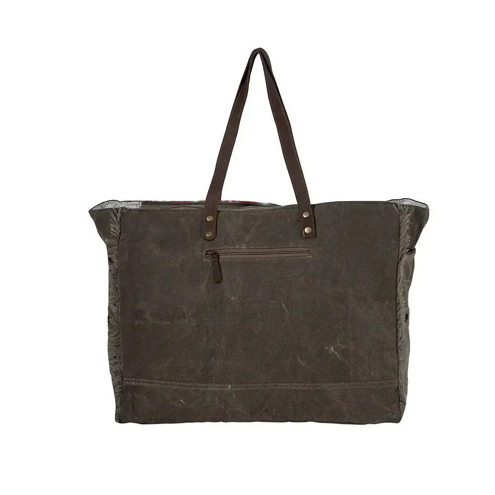 Myra Bag Handmade High Trails Weekender Bag Upcycled Canvas & Cowhide Leather